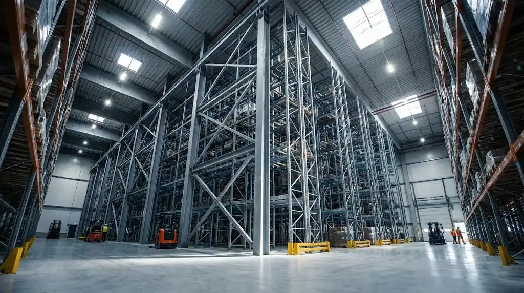 Heavy duty seismic pallet racking system in a warehouse