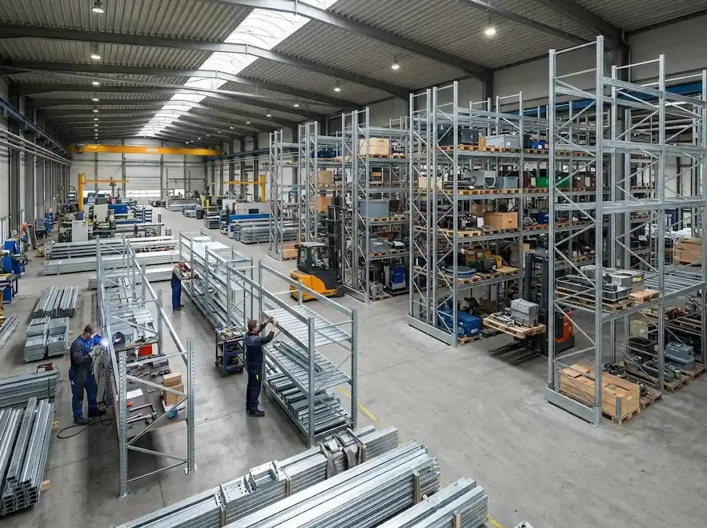 Factory workers customizing and assembling a galvanized pallet racking system
