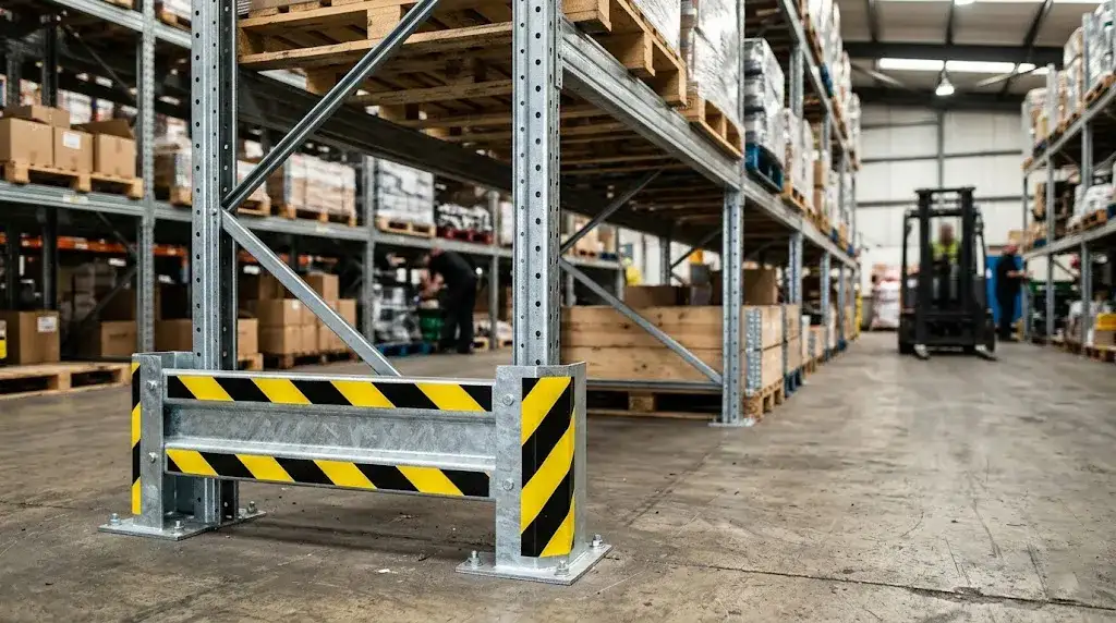 Galvanized pallet racking column protectors and warehouse shelving units setup
