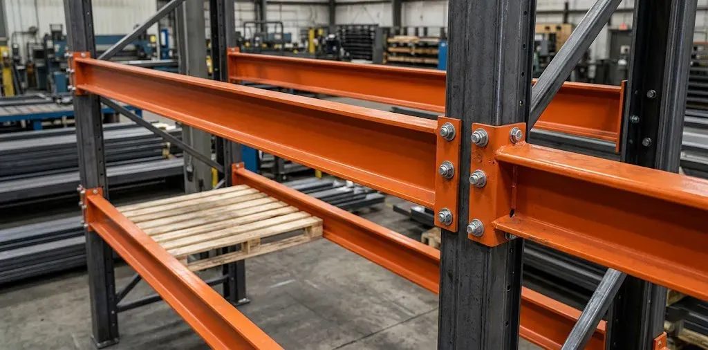 Heavy-duty structural pallet racking with bolted steel connections inside a warehouse. Heavy duty structural pallet racking with bolted steel connections inside a warehouse