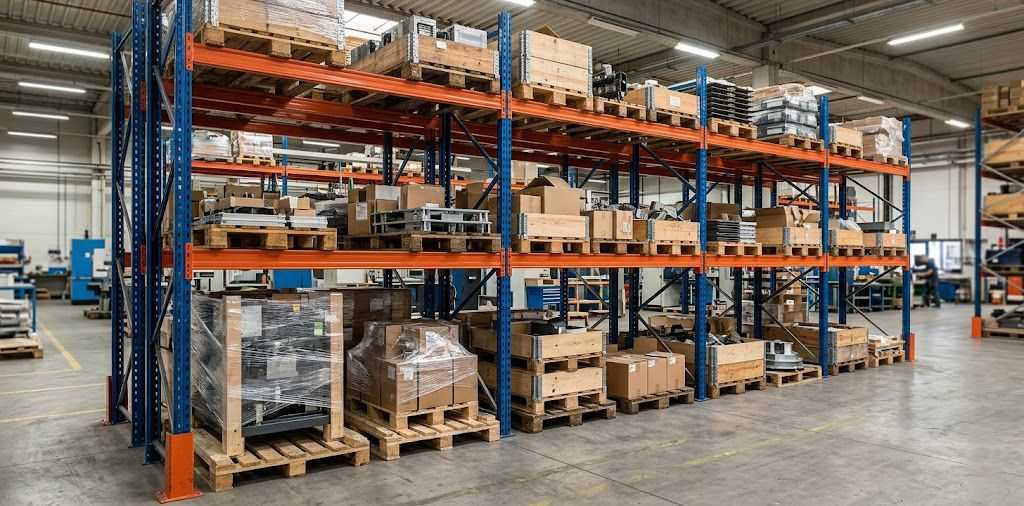 Industrial steel pallet racking loaded with cargo in a storage factory warehouse-tic Industrial steel pallet racking loaded with cargo in a storage factory warehouse tic