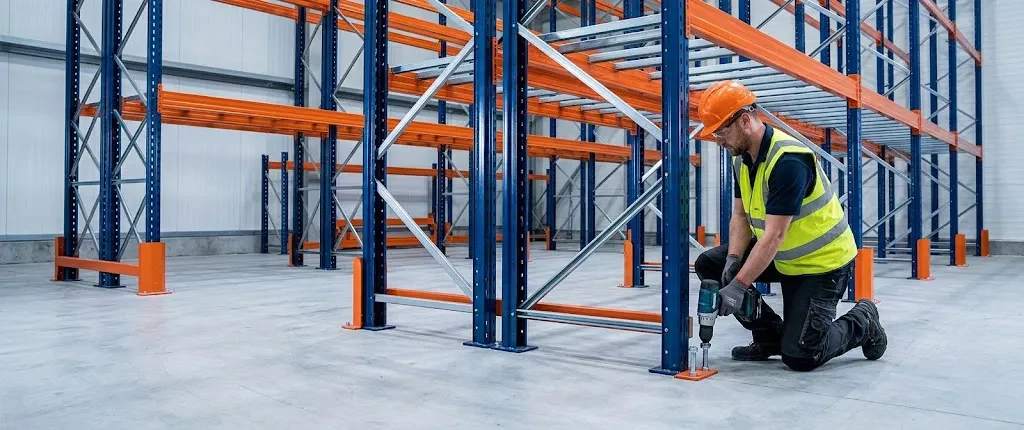 Warehouse racking installation with floor anchoring Warehouse racking installation with floor anchoring