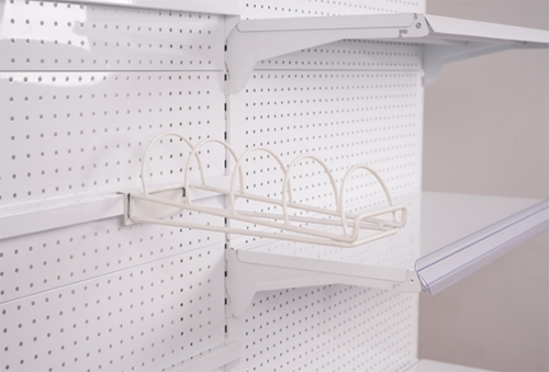 Metal retail display stand structural details and shelving accessories