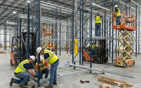 Workers installing warehouse pallet racks